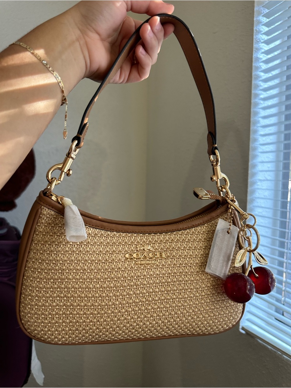 Coach Straw Shoulder Bag in Natural and Cognac with Cherry Charm